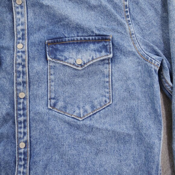 Zara Jacket Mens Medium Blue Denim Button Up Graphic Print MCM Pockets - Picture 2 of 12